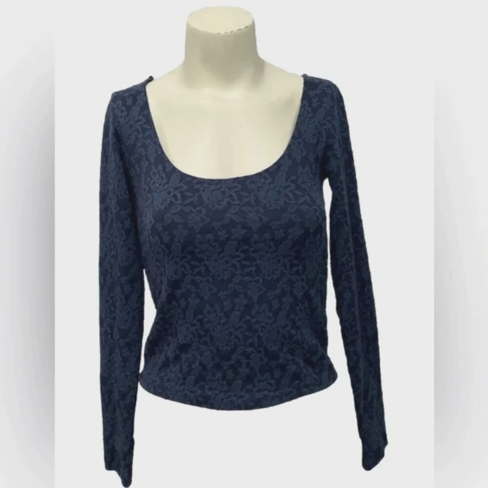 American Eagle AE Floral Jacquard Blouse Long Slv Top Fitted Blue Lace Womens XS